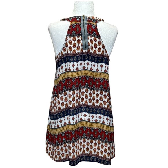 Pink Rose M Colorful Boho Tank Top Geometric Print A-Line Chiffon Red Blue Gold - Picture 2 of 7